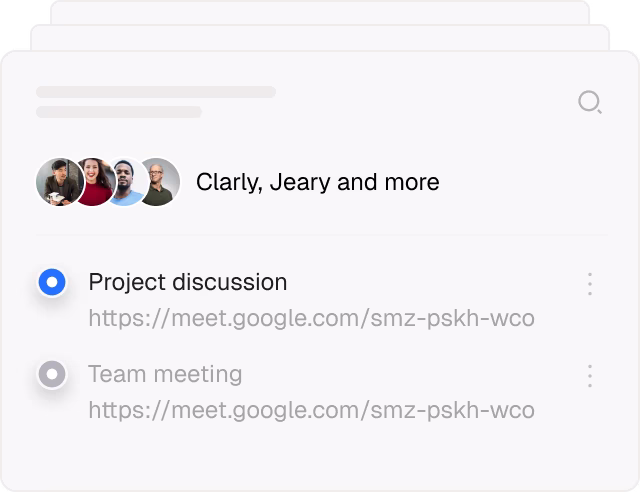 Screenshot of a meeting interface showing participant icons with names Clarly and Jeary, highlighting a selected link for a project discussion on meet.google.com, and a greyed-out team meeting link below.