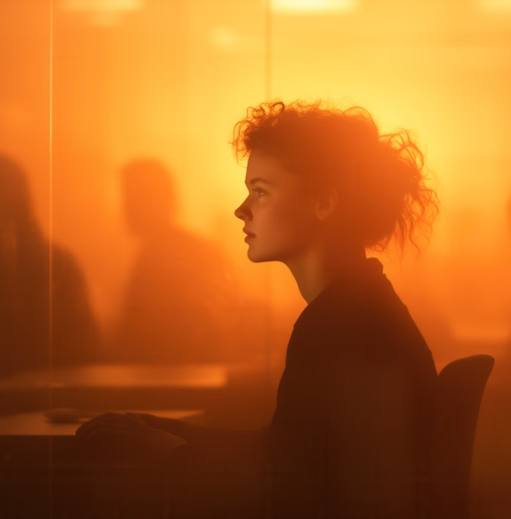 Profile of a woman with curly hair sitting and looking forward in a warmly lit room with blurred figures in the background.